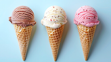Three Ice Cream Cones Chocolate Vanilla Strawberry Waffle Cones Light Blue Background