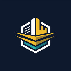 A modern, minimalist logo inspired by the concept of shipp, featuring a winged building within a hexagon, A minimalist logo inspired by the concept of shipping
