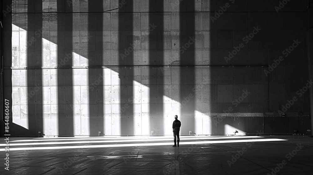 Poster single person standing in large empty warehouse with dramatic sunlight and shadow patterns