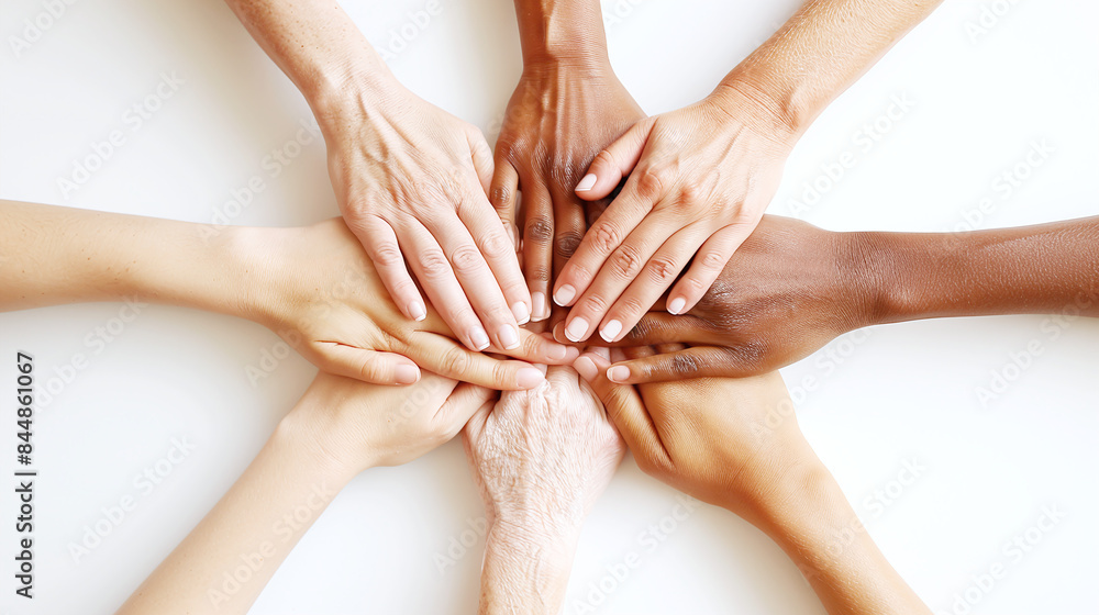 Poster diverse hands in unity on white background symbolizing teamwork and inclusion in society