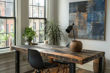 Modern home office with rustic wooden desk and indoor plants