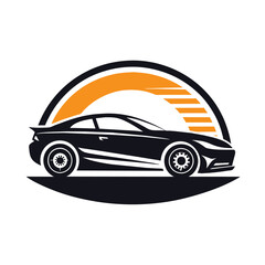 A black car silhouette with a simple orange sunburst design, A minimalistic logo featuring a car silhouette