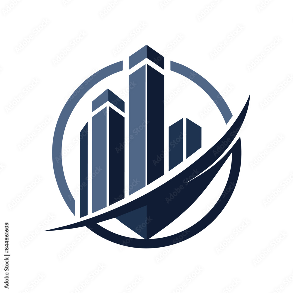 Poster a modern and minimalist logo design featuring a cityscape with three buildings enclosed within a cir