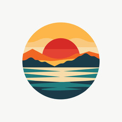 Fototapeta premium A minimalist illustration depicting a peaceful sunset over a tranquil lake and mountains, A peaceful sunset over a tranquil lake