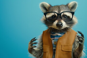 Obraz premium Stylish and playful raccoon wearing glasses and trendy vest. Posing in a whimsical and creative costume against a fun blue background
