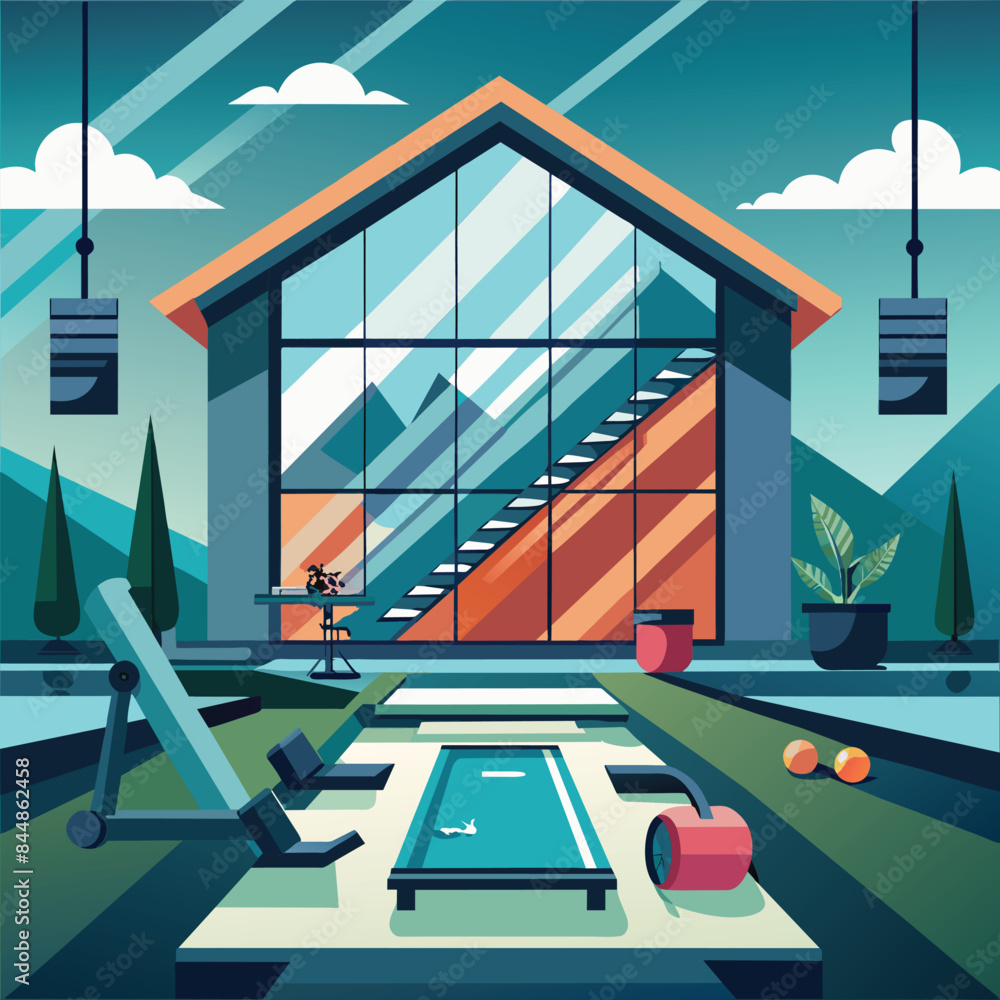 Poster a serene image of a modern gym with a rowing machine and mountain views, a serene image representing