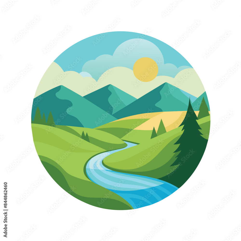 Sticker A picturesque landscape featuring rolling green hills, a winding blue river, and a sunny sky, A serene landscape with rolling hills and a calm river