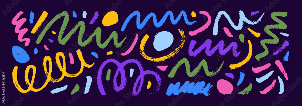 Poster colorful abstract doodle lines and bold dots. hand drawn brush or crayon drawings, scribble simple. 