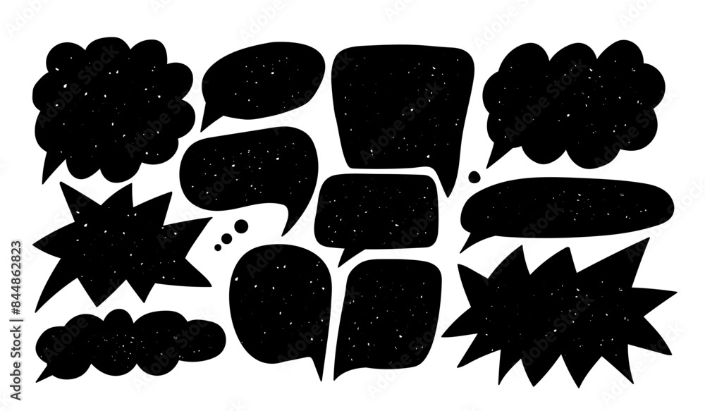 Poster set of textured doodle speech bubble. balloon dialog cloud for text comments in various colors on wh