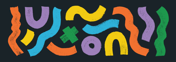 Colorful abstract geometric charcoal thick wavy lines and circle in childish style.