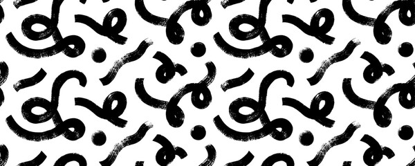 Thick brush drawn curved lines, squiggles and dots seamless pattern. Creative abstract hand drawn fun background. Simple geometric design with organic shapes, loops and circles. Squiggles and daubs.