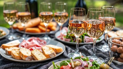 Obraz premium Outdoor gourmet dining with an assortment of appetizers and rose wine. Elegant table setting perfect for a summer gathering.