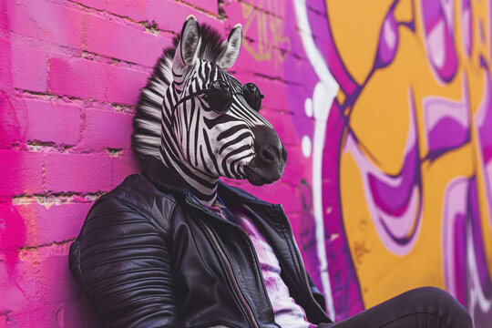 Hip zebra wearing aviator sunglasses and a leather jacket poses before a vibrant graffiti wall, exuding urban cool and street style