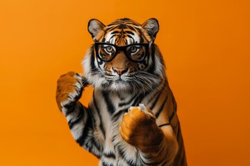 Obraz premium Valiant tiger posing as a superhero, complete with eyeglasses, embodies courage and wit against a vibrant orange backdrop