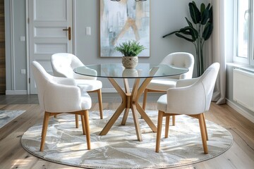 Fototapeta premium Modern dining area with glass table and upholstered chairs