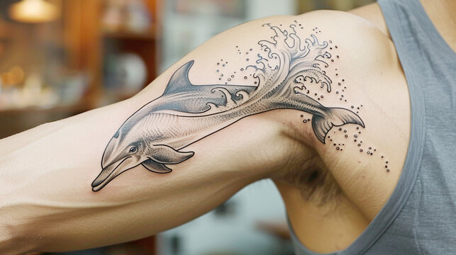 Detailed Dolphin Tattoo on Arm with Water Splash and Grey Vest in Indoor Setting