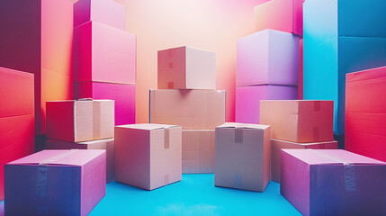 Stacked Cardboard Boxes in Colorful Studio with Orange Pink and Blue Gradient Background