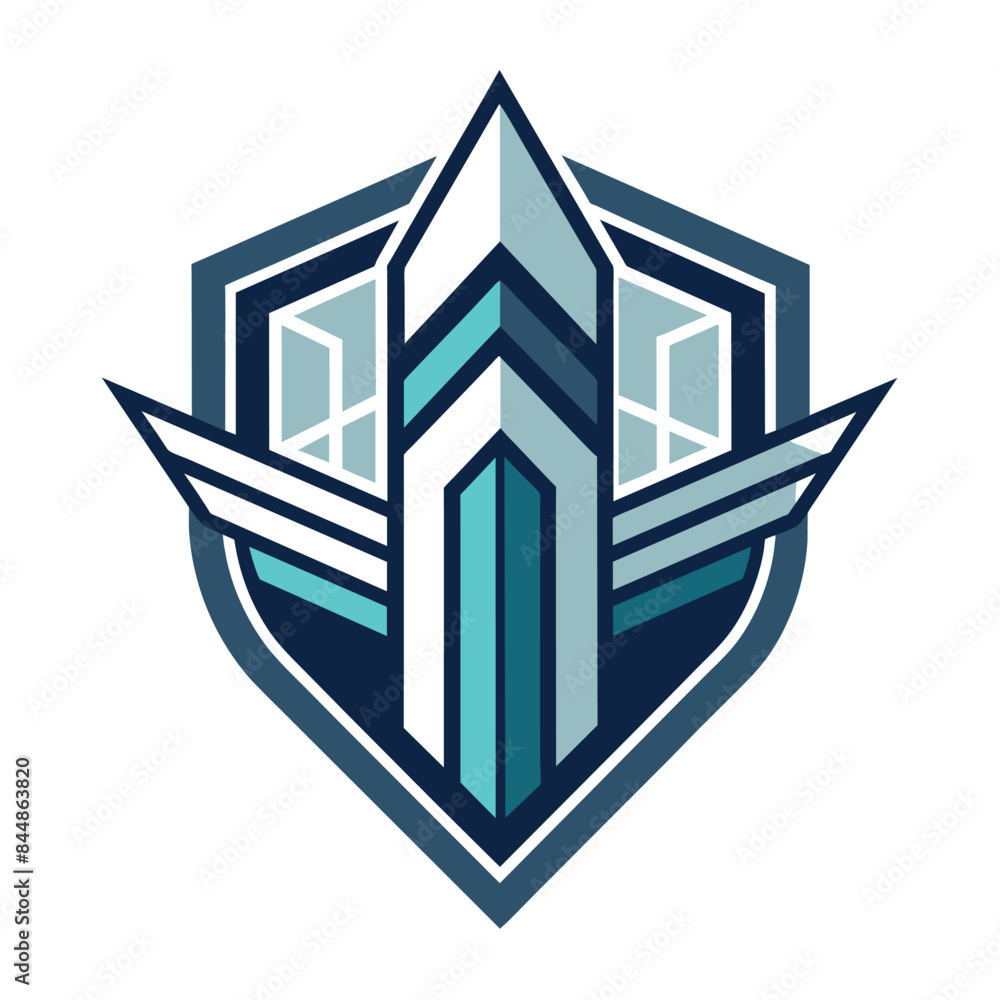 Sticker a modern logo featuring a stylized shield with wings, designed in blue, white, and teal geometric sh