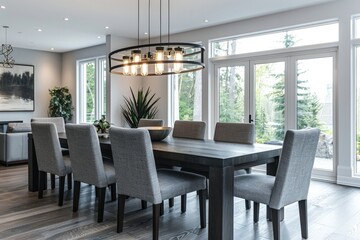 Modern dining room with dark wooden table and upholstered chairs