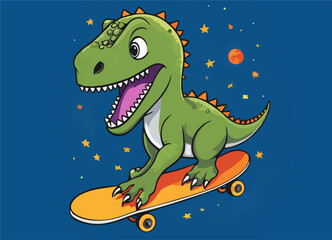 Obraz premium Vector design for children's t-shirt. Green cute dinosaur in space on skateboard with star and moon. Pattern for textiles, fabric, clothing for boy in cartoon style.