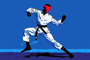 A male athlete wearing a white uniform and red headgear performs a kick during a taekwondo match. The background is a solid blue