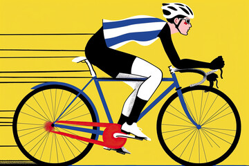 Fototapeta premium A stylized illustration of a cyclist in a blue and white jersey riding a bicycle towards the finish line. The rider is focused and determined, with speed lines behind them, suggesting a race
