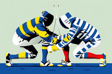 Obraz premium Two Olympic fencers in striking poses, ready to engage in a duel. Their swords are crossed, and they are focused on their opponent