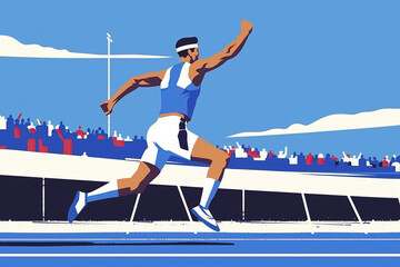 An Olympic athlete jumps over a hurdle during a track and field competition, with a cheering crowd in the background
