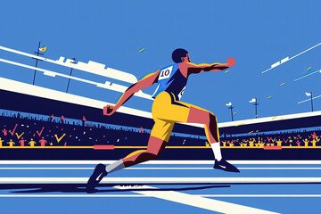 A stylized illustration of an Olympic athlete in mid-air during a long jump competition, with a cheering crowd in the background