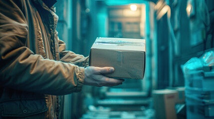 Naklejka premium Person Wearing Brown Jacket Holding Cardboard Box in Dimly Lit Warehouse Aisle at Night