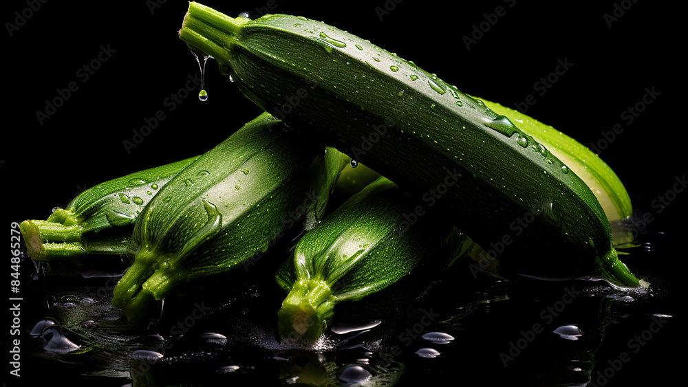 Poster Fresh cucumbers with water droplets and leaves on dark background
 - Posters