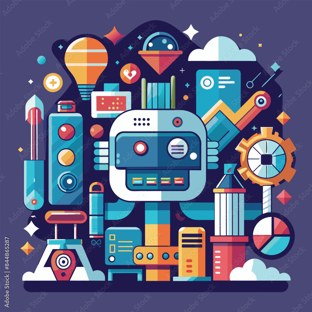 Poster a stylized graphic depicting a futuristic robot with geometric shapes and abstract designs, a subtle