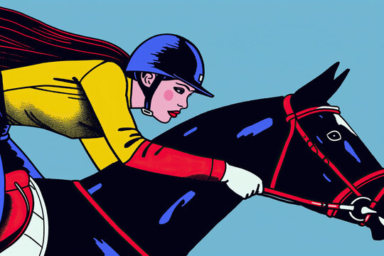 A stylized illustration depicting an equestrian athlete riding a horse during an Olympic event