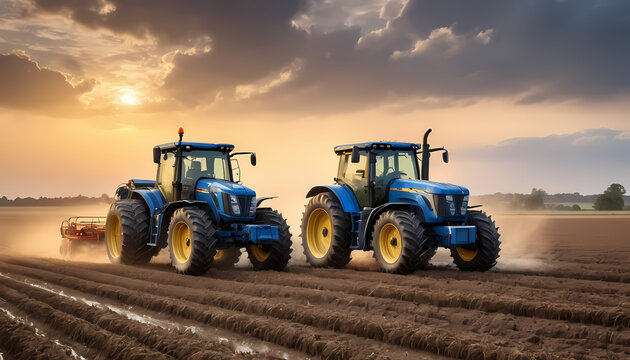 Two blue tractors work in field with plow