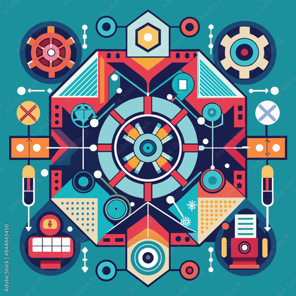 Poster colorful abstract geometric design with symmetrical layout symbolizing harmony and precision, a symm