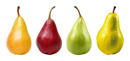 Four pears in a row, each with a distinct color: vibrant yellow, deep red, bright green, and golden yellow with water droplets.
