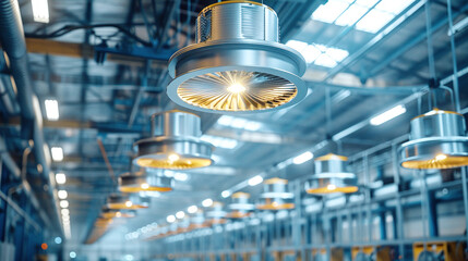 Industrial Ceiling Lights in Modern Warehouse with Metallic Structure and Bright Illumination