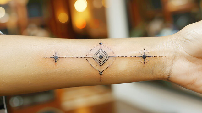 Intricate Geometric Tattoo Design on Arm with Warm Indoor Background Intricately Detailed