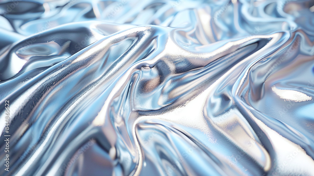 Poster close-up of shiny metallic blue fabric with smooth curves and abstract modern background
