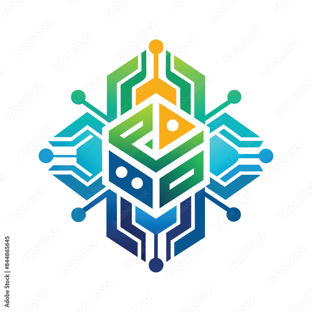 Poster a colorful logo design featuring a hexagonal cube with integrated circuitry, creating an abstract re