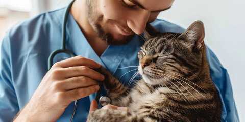 Gentle Vet Nurse Soothing Tabby Cat in Veterinary Clinic
