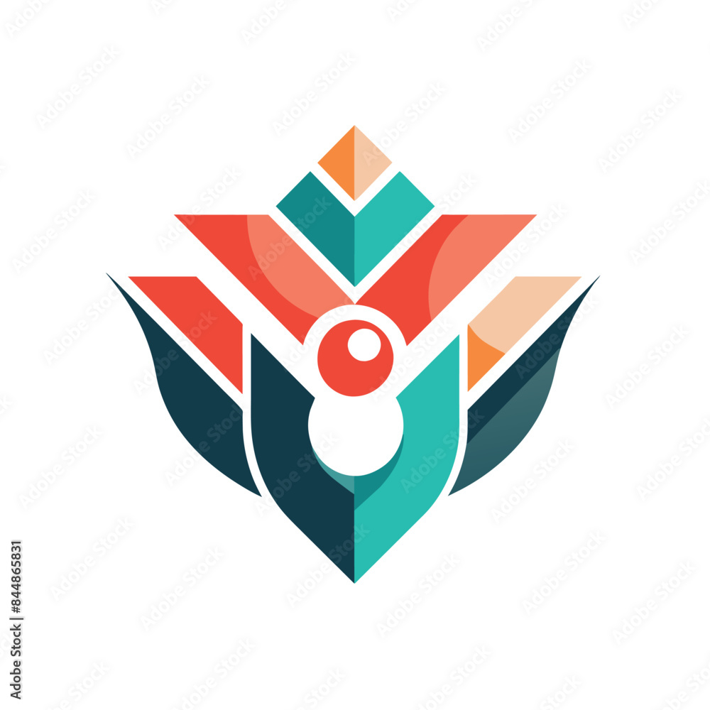 Poster a geometric, abstract logo featuring a stylized flower with a central circle and minimalist typograp