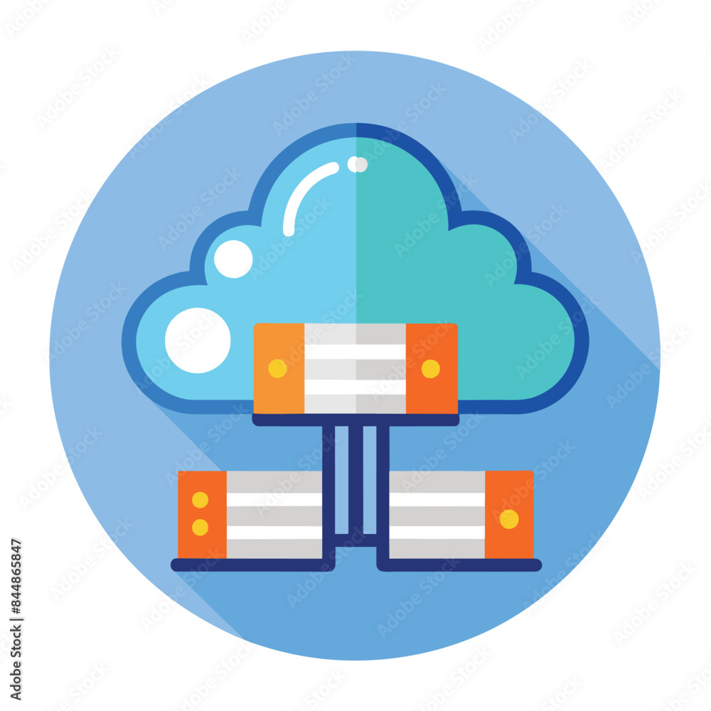 Poster flat vector illustration of a cloud computing system with servers connected to a cloud symbol, abstr
