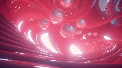 A room from virtual reality. Conceptual surreal gaming industry background. Glossy pink underground shapes with steps and balls.