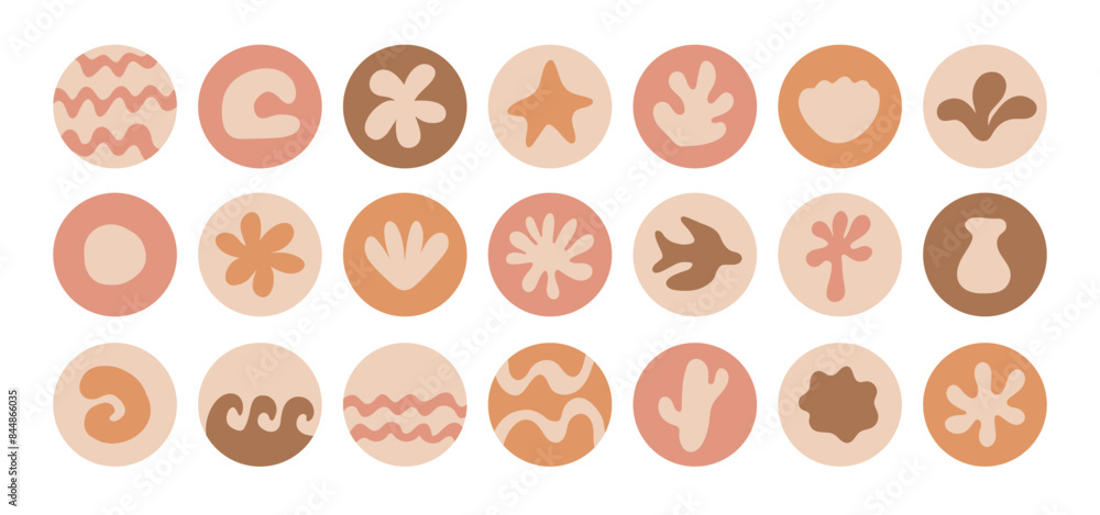 Poster set of groovy boho summer sticker with palm abstract shape in trendy retro naive simple style.. sunn