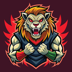 Fototapeta premium A fierce, digitally illustrated, vector mascot logo design featuring a roaring zombie lion king with red eyes, Aggressive Zombie King Lion, Vector Mascot Logo