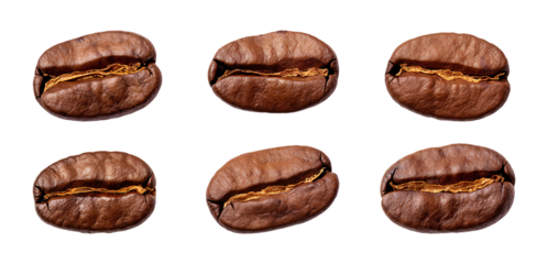 Coffee beans, six in total, roasted to perfection and showcasing a rich brown color with a deep center cut.