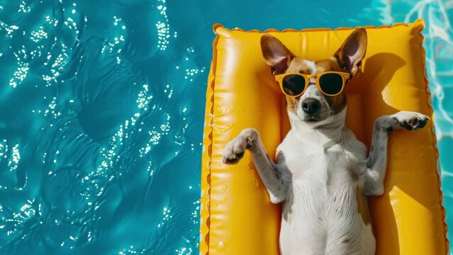 Relaxed Dog Enjoying the Pool on a Sunny Day. A cool dog lounges on a yellow float in crystal clear water, sporting sunglasses.