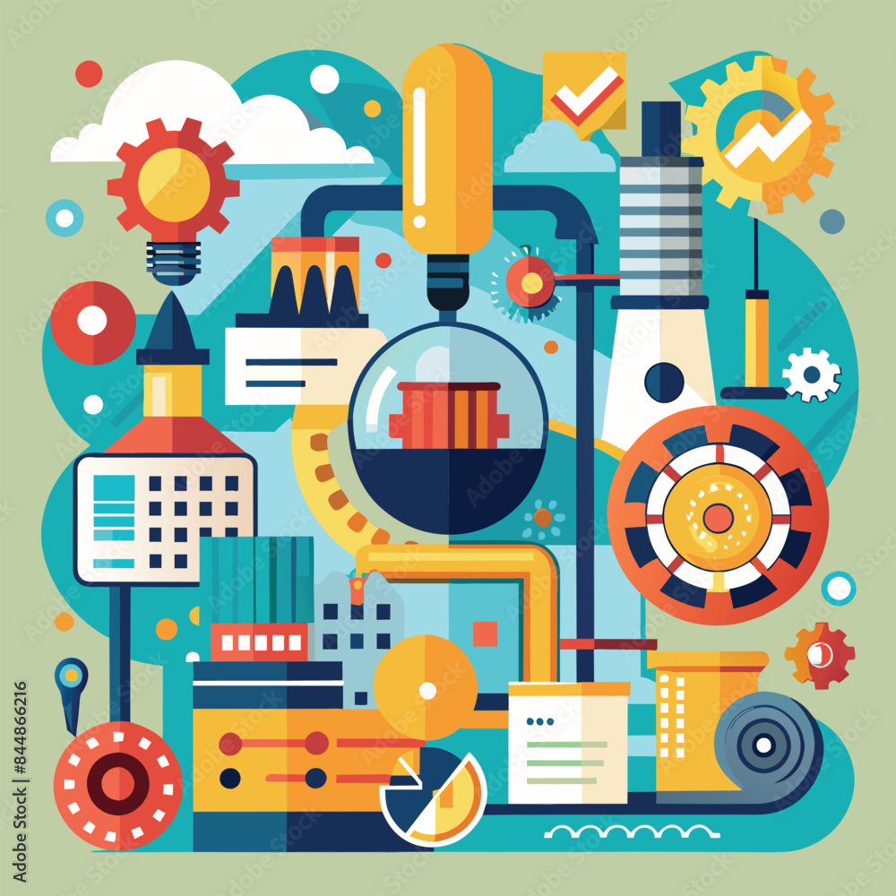 Poster abstract composition symbolizing efficiency and productivity in a modern industrial setting, an abst