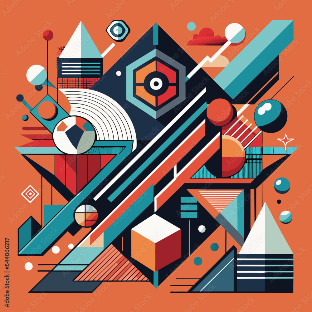Poster a colorful abstract composition with geometric shapes, lines, and patterns, an abstract composition 